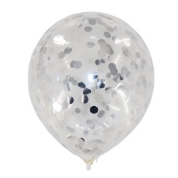 Baloane transparente din latex cu confetti argintii 30 cm
