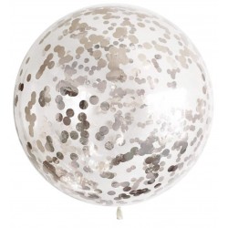 Baloan transparent jumbo urias din latex cu confetti argintii 90 cm