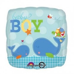 Balon patrat folie Baby Boy, Botez Baietel, cu balene, 45cm